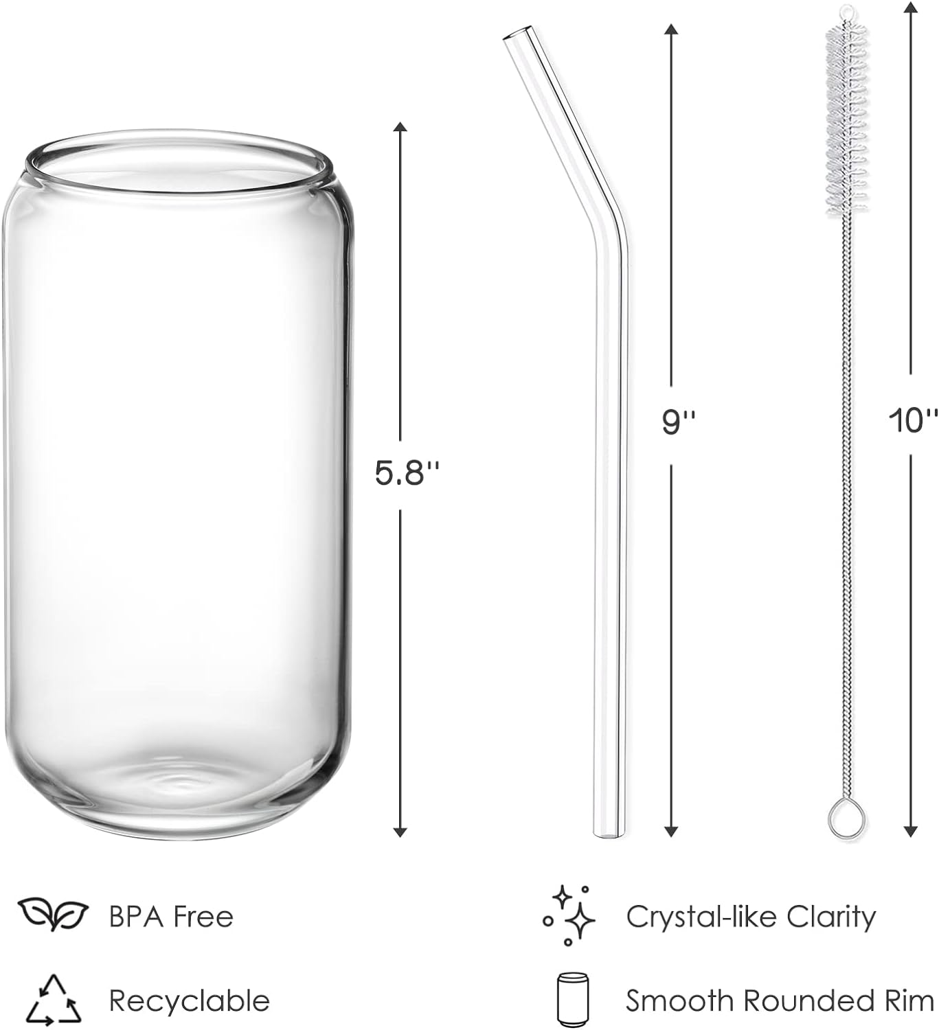 NETANY Drinking Glasses with Glass Straw 4pcs Set - 16oz Can Shaped Glass Cups, Beer Glasses, Iced Coffee Glasses, Cute Tumbler Cup, Ideal for Whiskey, Soda, Tea, Water, Gift - 2 Cleaning Brushes - Image 7